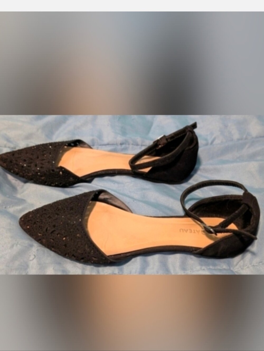 Le Chateau Sparkly Suede Pointed Toe Black Ankle-Strap Flats